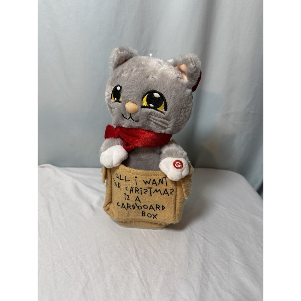 Gemmy Christmas Grey Cat Cardboard Box Animated Figure No Sound Grey Red